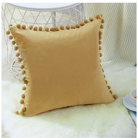 Khaki/Light Tan Modern Trendy Velvet Pompom Decorative Throw Pillow Case TwinSet - Picture 3 of 16